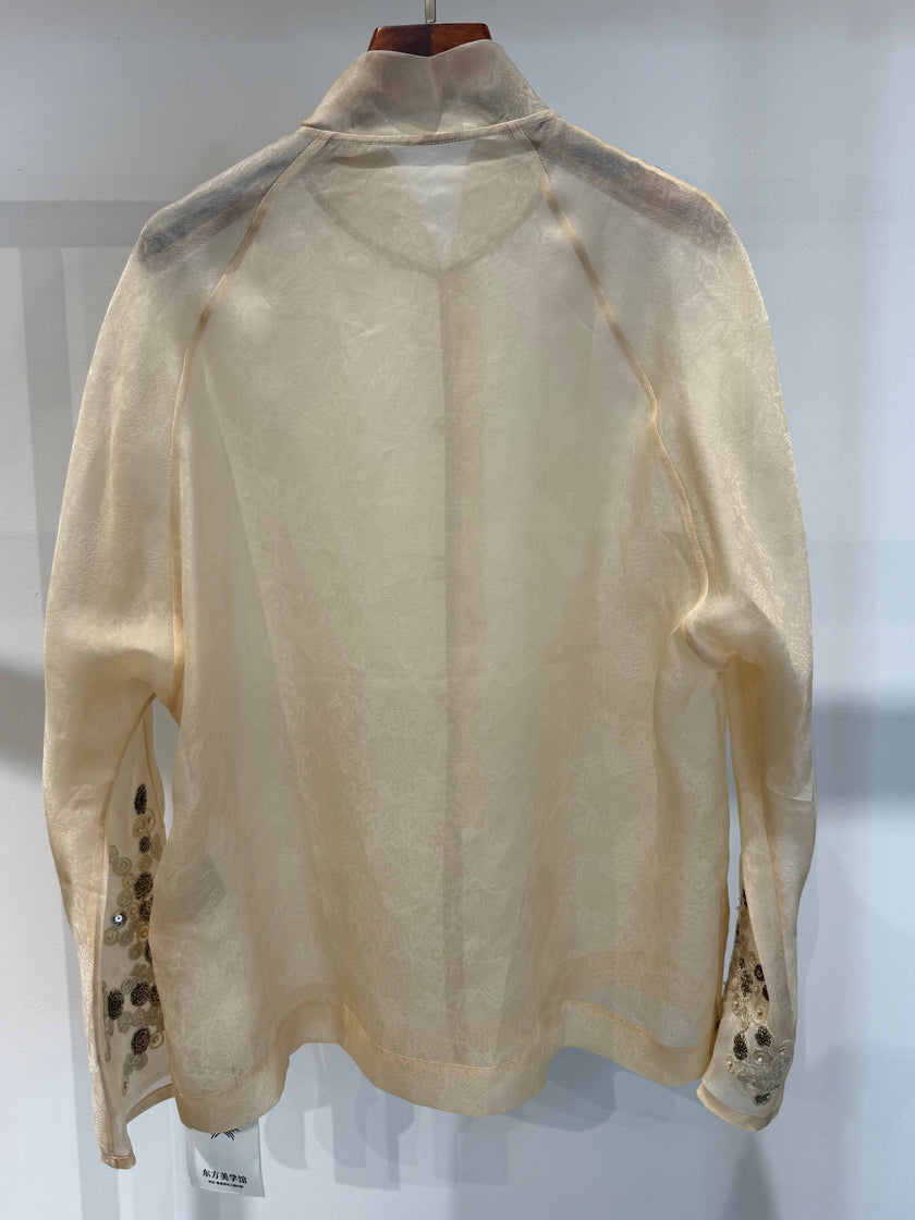 Pure Mulberry Silk Organza Jacquard Blouse with Stand Collar & Hand-Knotted Buttons - Luxe Orienta CO., LIMITED
