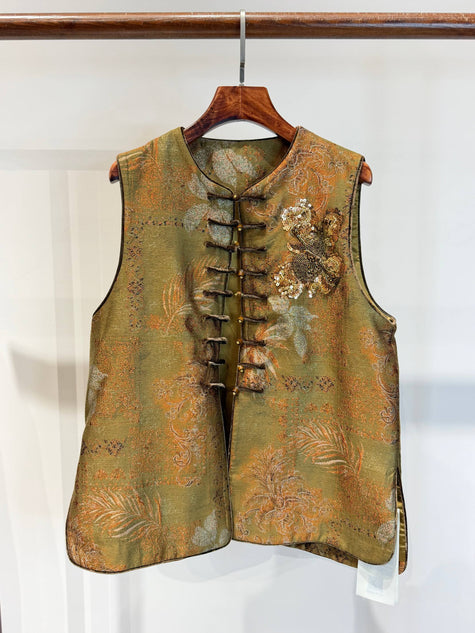Metallic Olive & Bronze Jacquard Vest with French Beaded Embroidery & Velvet Knot Closures - Luxe Orienta CO., LIMITED