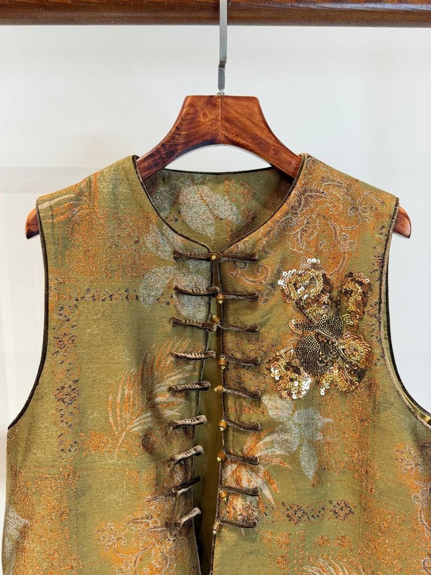 Metallic Olive & Bronze Jacquard Vest with French Beaded Embroidery & Velvet Knot Closures - Luxe Orienta CO., LIMITED