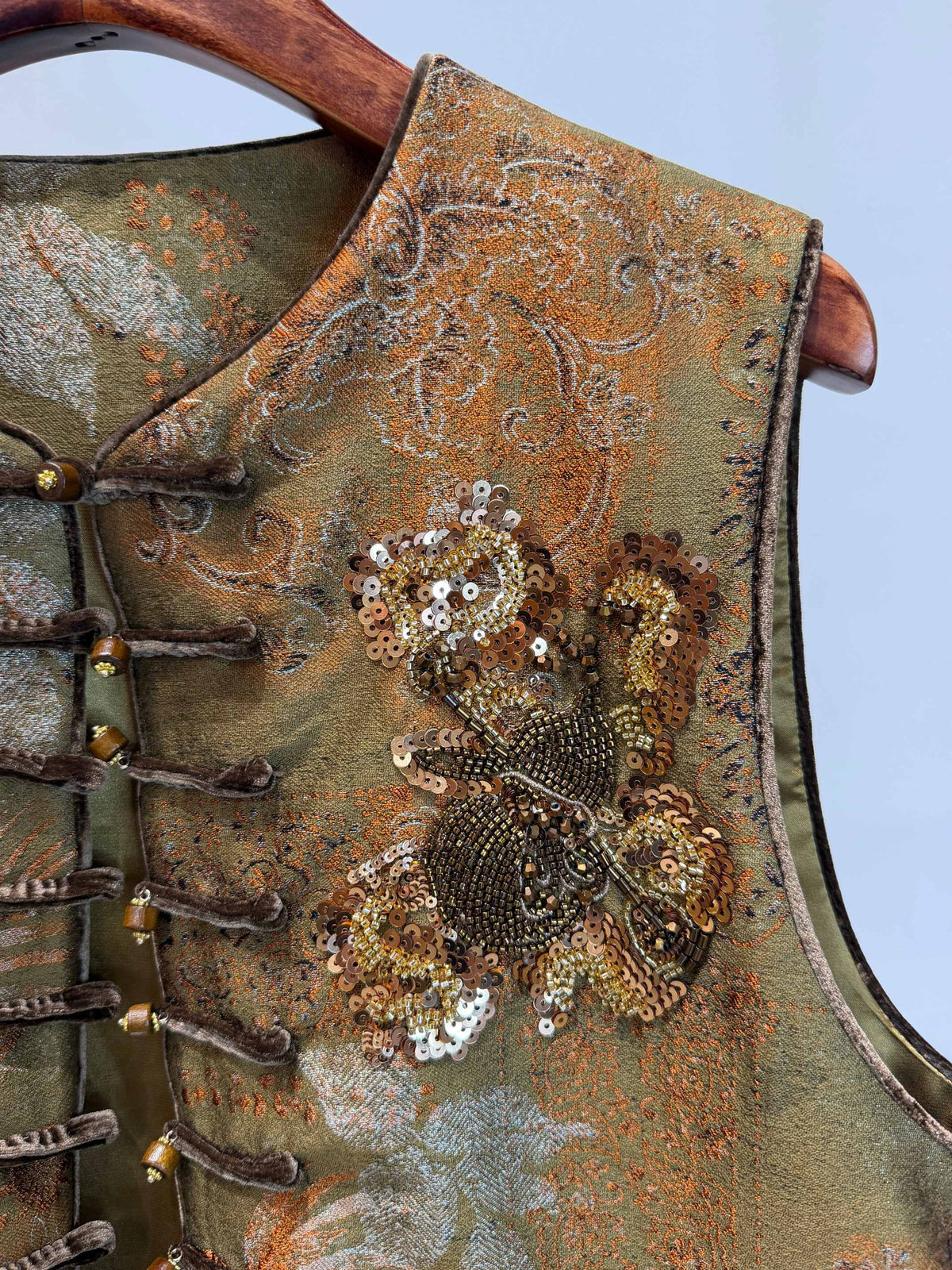 Metallic Olive & Bronze Jacquard Vest with French Beaded Embroidery & Velvet Knot Closures - Luxe Orienta CO., LIMITED