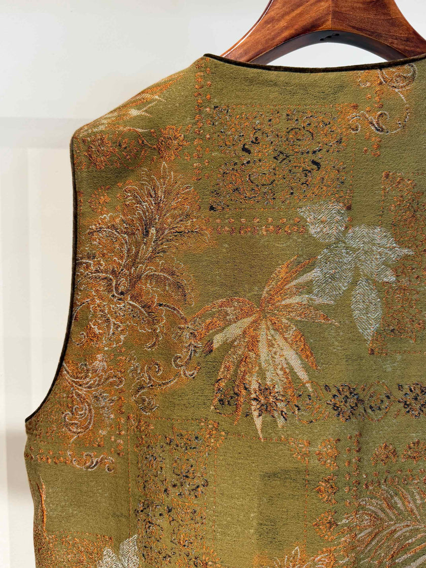 Metallic Olive & Bronze Jacquard Vest with French Beaded Embroidery & Velvet Knot Closures - Luxe Orienta CO., LIMITED