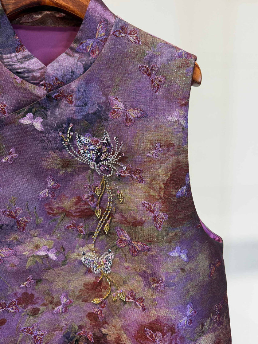Imperial Violet Butterfly Metallic Jacquard Silk-Wool Vest with Beaded Embroidery - Luxe Orienta CO., LIMITED
