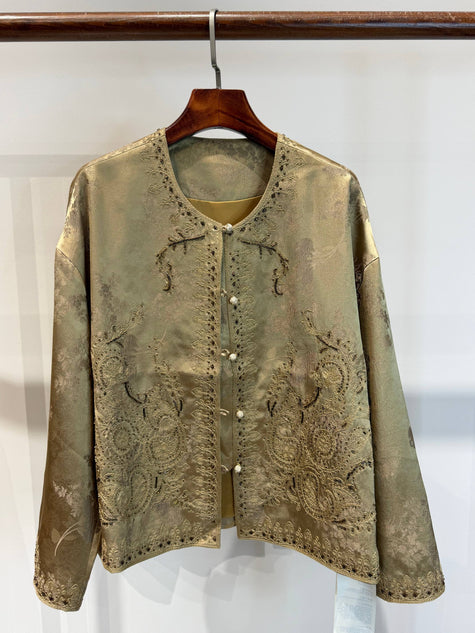 Luminous Metallic Gold Jacquard Cardigan with Hand-Beaded Embroidery & Knot Buttons - Luxe Orienta CO., LIMITED