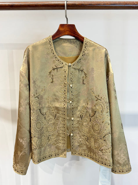 Luminous Metallic Gold Jacquard Cardigan with Hand-Beaded Embroidery & Knot Buttons - Luxe Orienta CO., LIMITED
