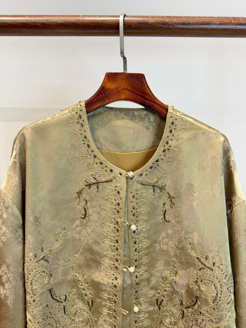 Luminous Metallic Gold Jacquard Cardigan with Hand-Beaded Embroidery & Knot Buttons - Luxe Orienta CO., LIMITED