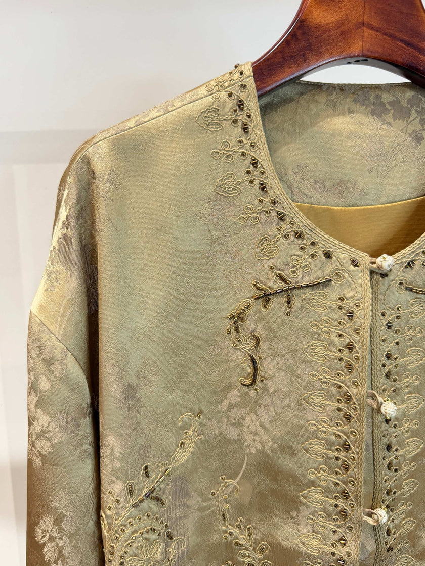Luminous Metallic Gold Jacquard Cardigan with Hand-Beaded Embroidery & Knot Buttons - Luxe Orienta CO., LIMITED