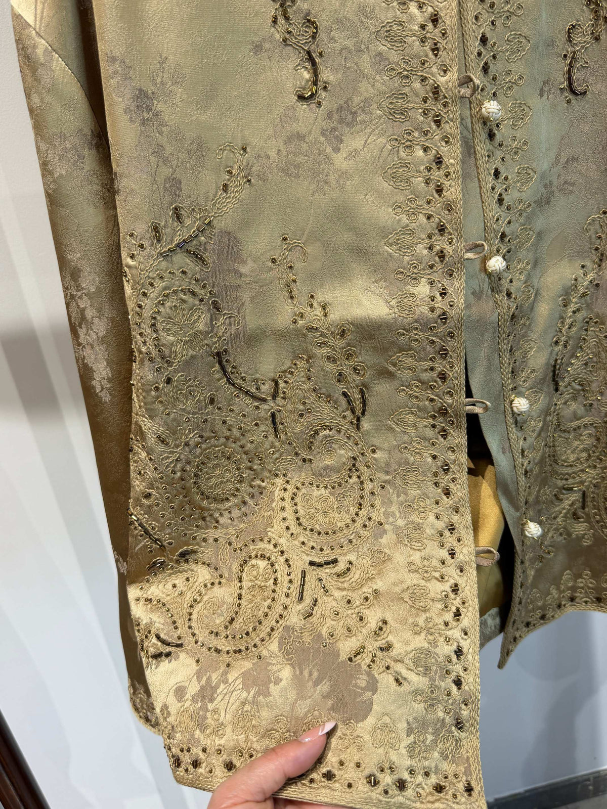 Luminous Metallic Gold Jacquard Cardigan with Hand-Beaded Embroidery & Knot Buttons - Luxe Orienta CO., LIMITED