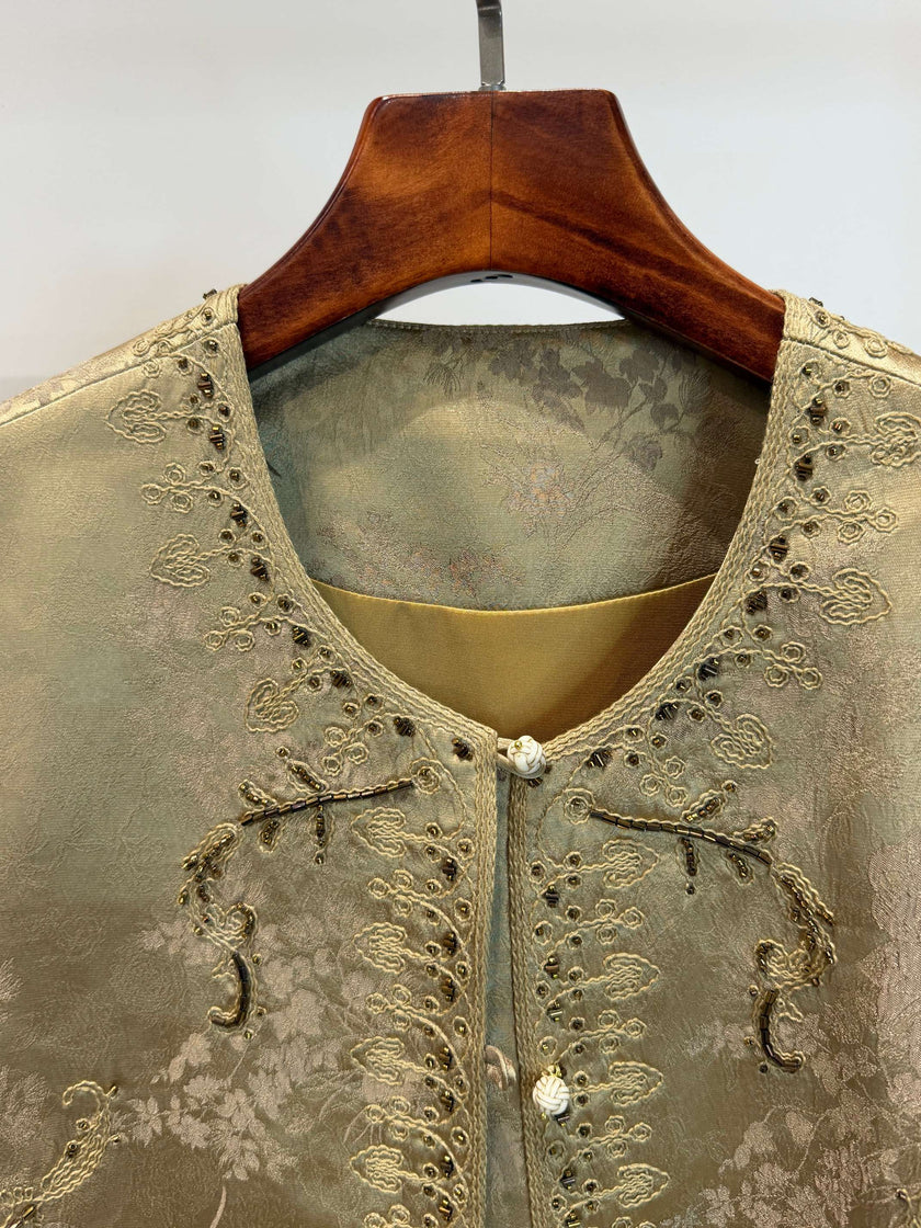 Luminous Metallic Gold Jacquard Cardigan with Hand-Beaded Embroidery & Knot Buttons - Luxe Orienta CO., LIMITED