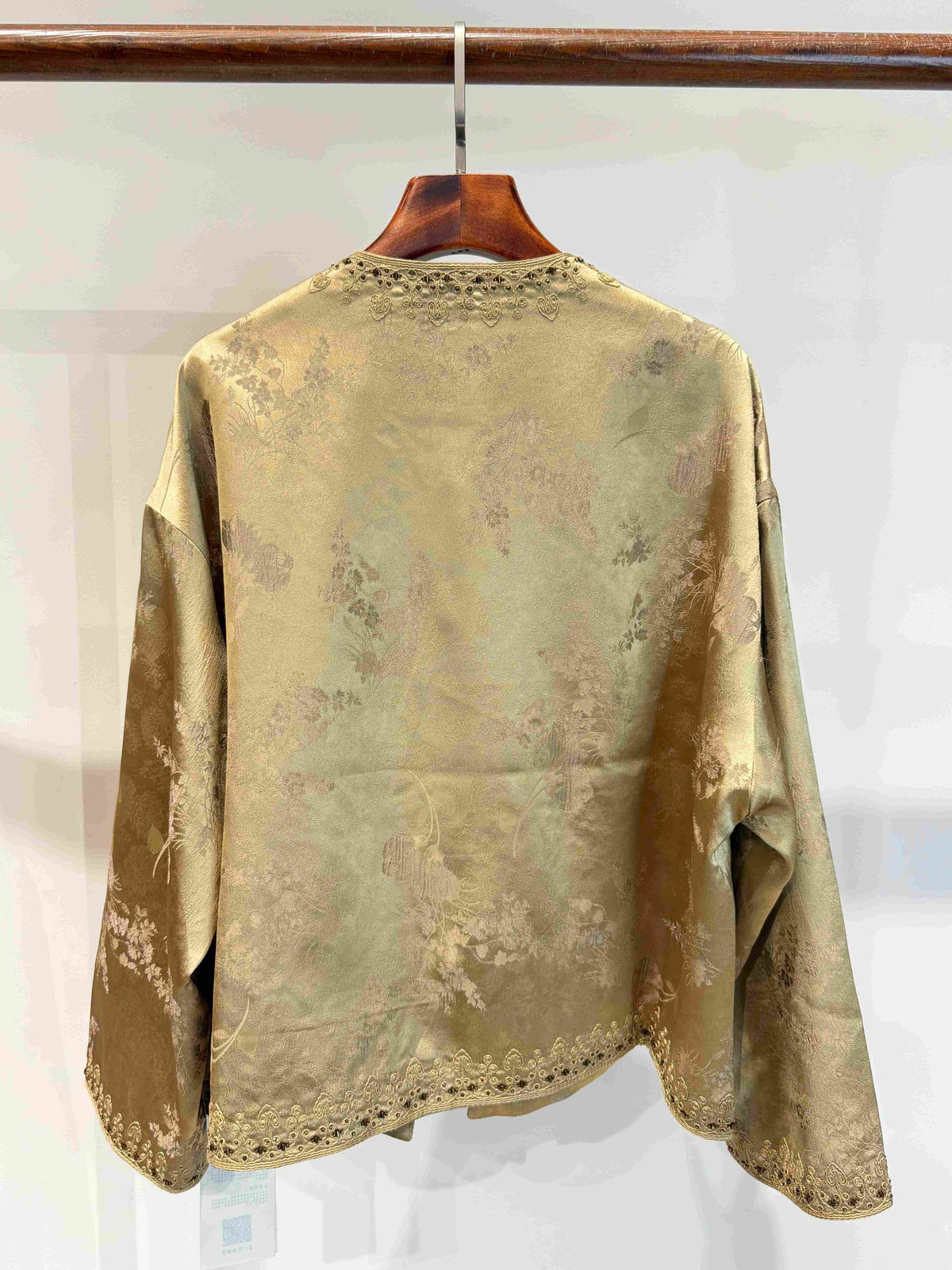 Luminous Metallic Gold Jacquard Cardigan with Hand-Beaded Embroidery & Knot Buttons - Luxe Orienta CO., LIMITED