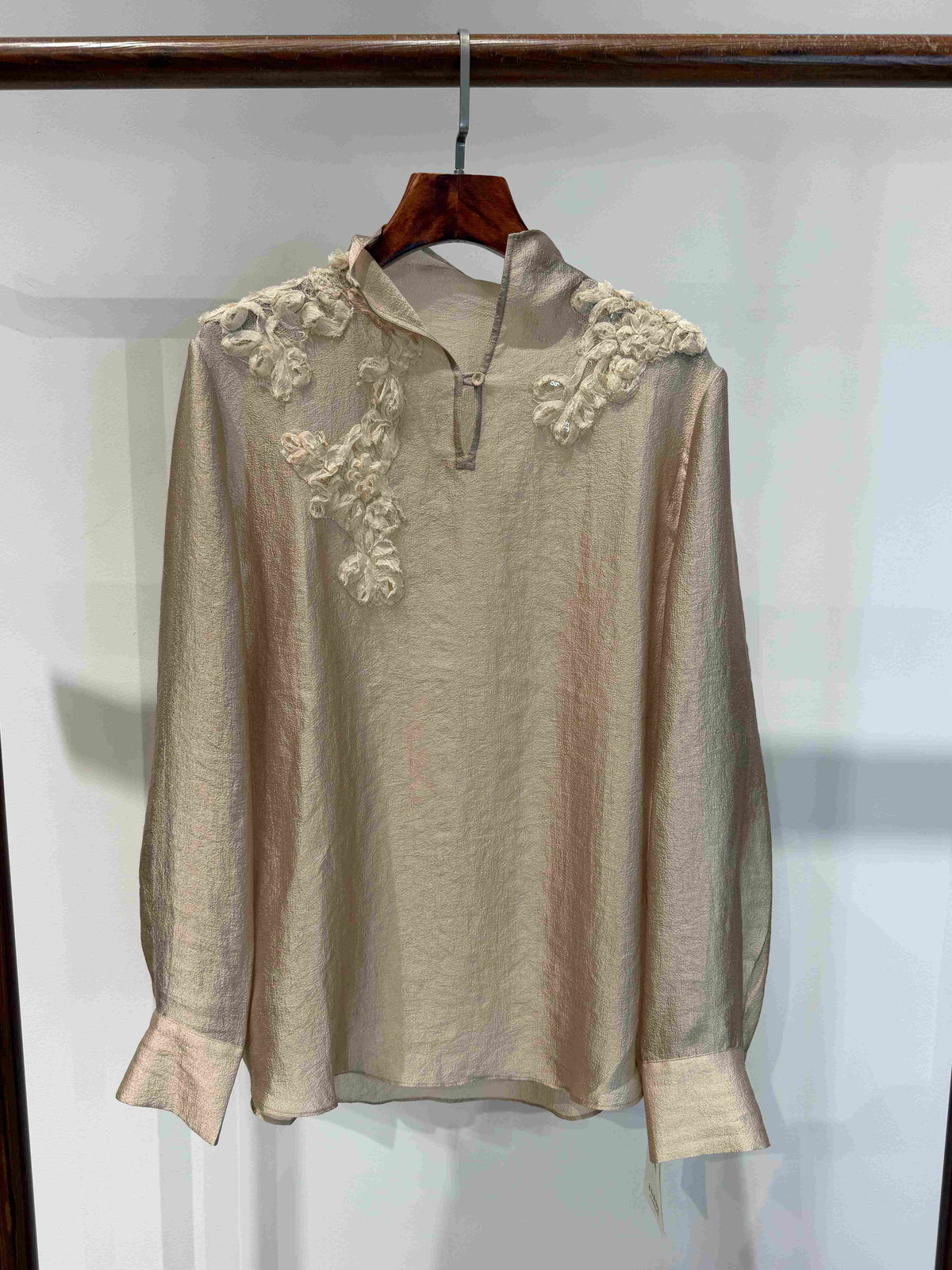Luminous Metallic Rayon Blouse with 3D Hand-Applied Floral Appliqué & Stand Collar - Luxe Orienta CO., LIMITED