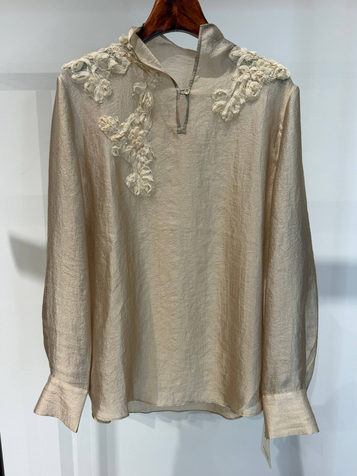 Luminous Metallic Rayon Blouse with 3D Hand-Applied Floral Appliqué & Stand Collar - Luxe Orienta CO., LIMITED