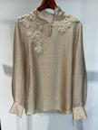 Luminous Metallic Rayon Blouse with 3D Hand-Applied Floral Appliqué & Stand Collar - Luxe Orienta CO., LIMITED