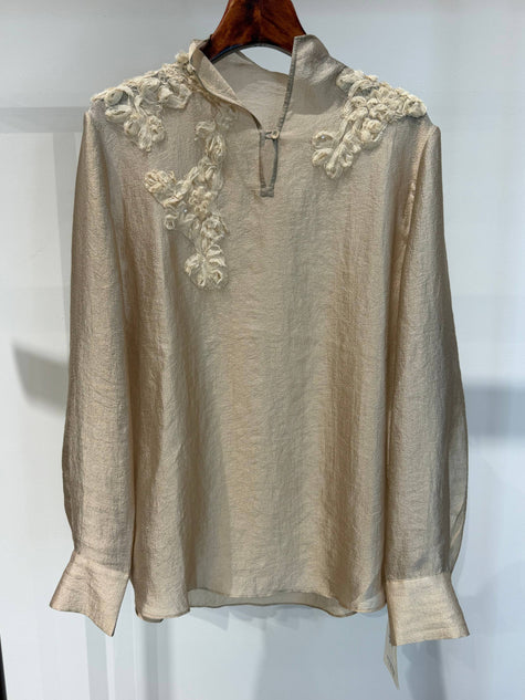 Luminous Metallic Rayon Blouse with 3D Hand-Applied Floral Appliqué & Stand Collar - Luxe Orienta CO., LIMITED