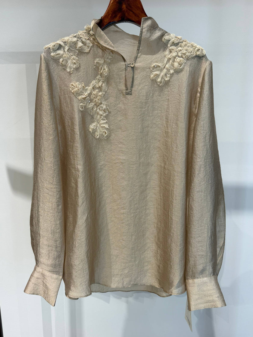 Luminous Metallic Rayon Blouse with 3D Hand-Applied Floral Appliqué & Stand Collar - Luxe Orienta CO., LIMITED