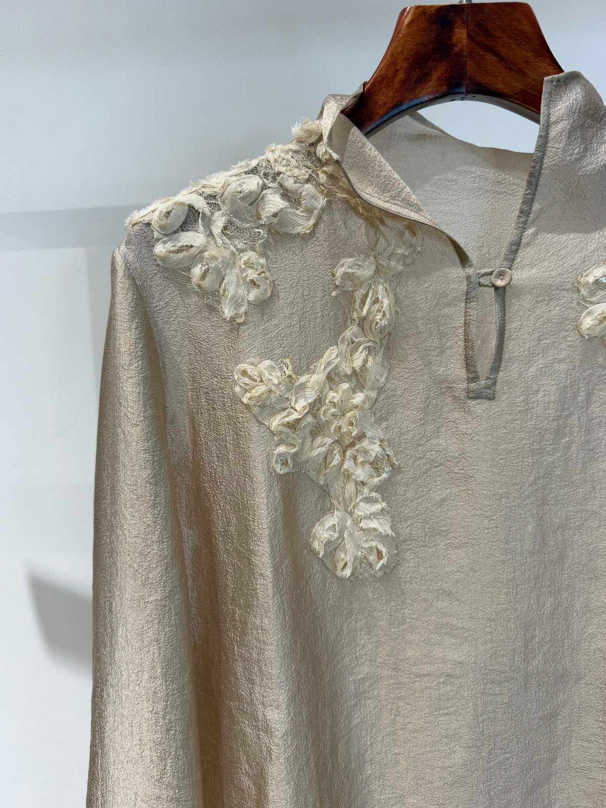 Luminous Metallic Rayon Blouse with 3D Hand-Applied Floral Appliqué & Stand Collar - Luxe Orienta CO., LIMITED