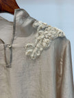 Luminous Metallic Rayon Blouse with 3D Hand-Applied Floral Appliqué & Stand Collar - Luxe Orienta CO., LIMITED