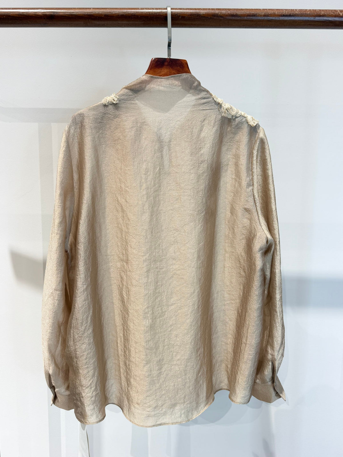 Luminous Metallic Rayon Blouse with 3D Hand-Applied Floral Appliqué & Stand Collar - Luxe Orienta CO., LIMITED