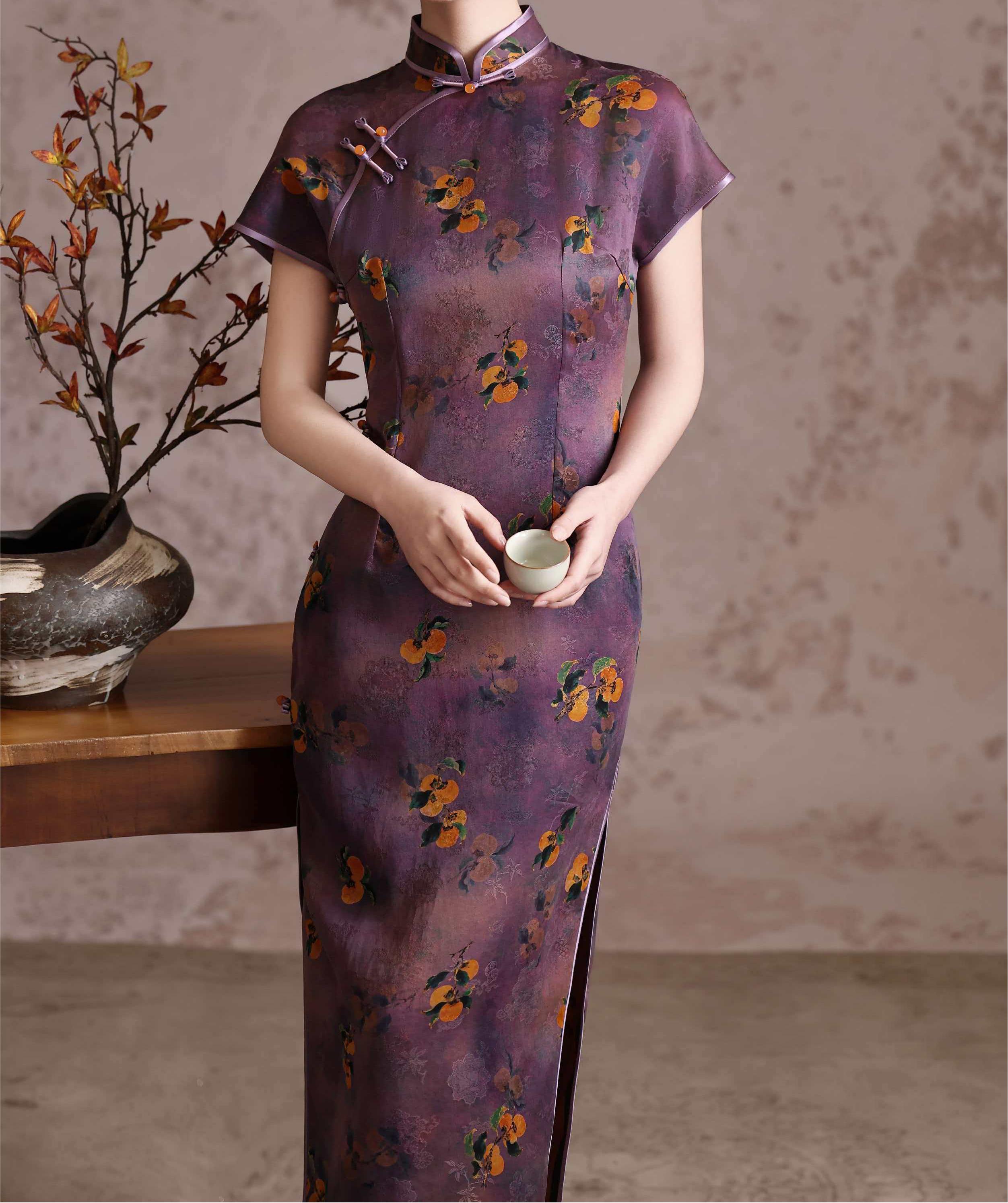 100% Mulberry Silk Xiangyunsha Purple Persimmon Print Short Sleeve Qipao Dress | LUXE ORIENTA - Luxe Orienta CO., LIMITED