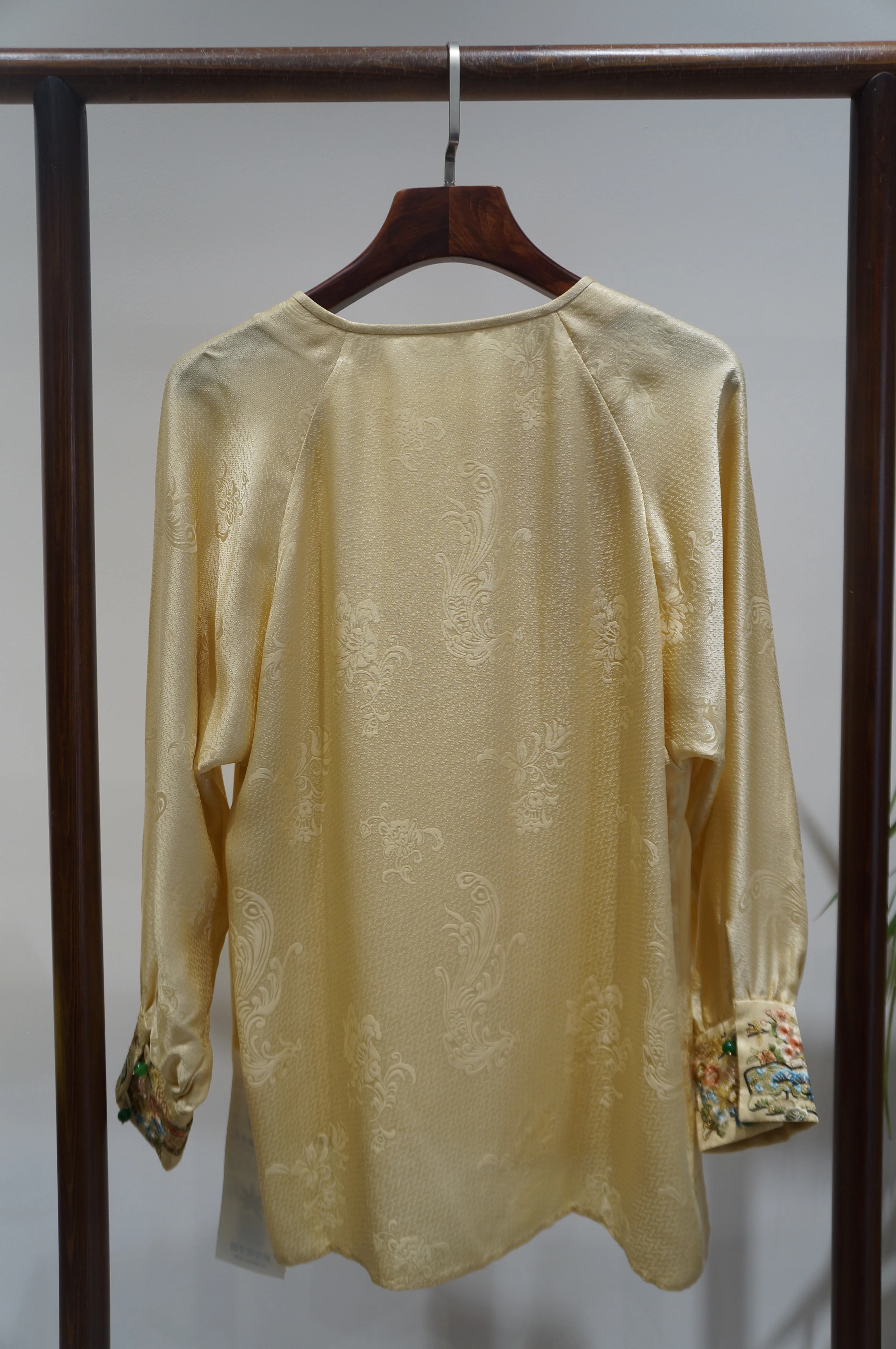 Beige Apricot Silk Phoenix Jacquard Oriental Blouse with Frog Buttons | 100% Mulberry Silk Top for Mamian Skirt Styling - Luxe Orienta CO., LIMITED