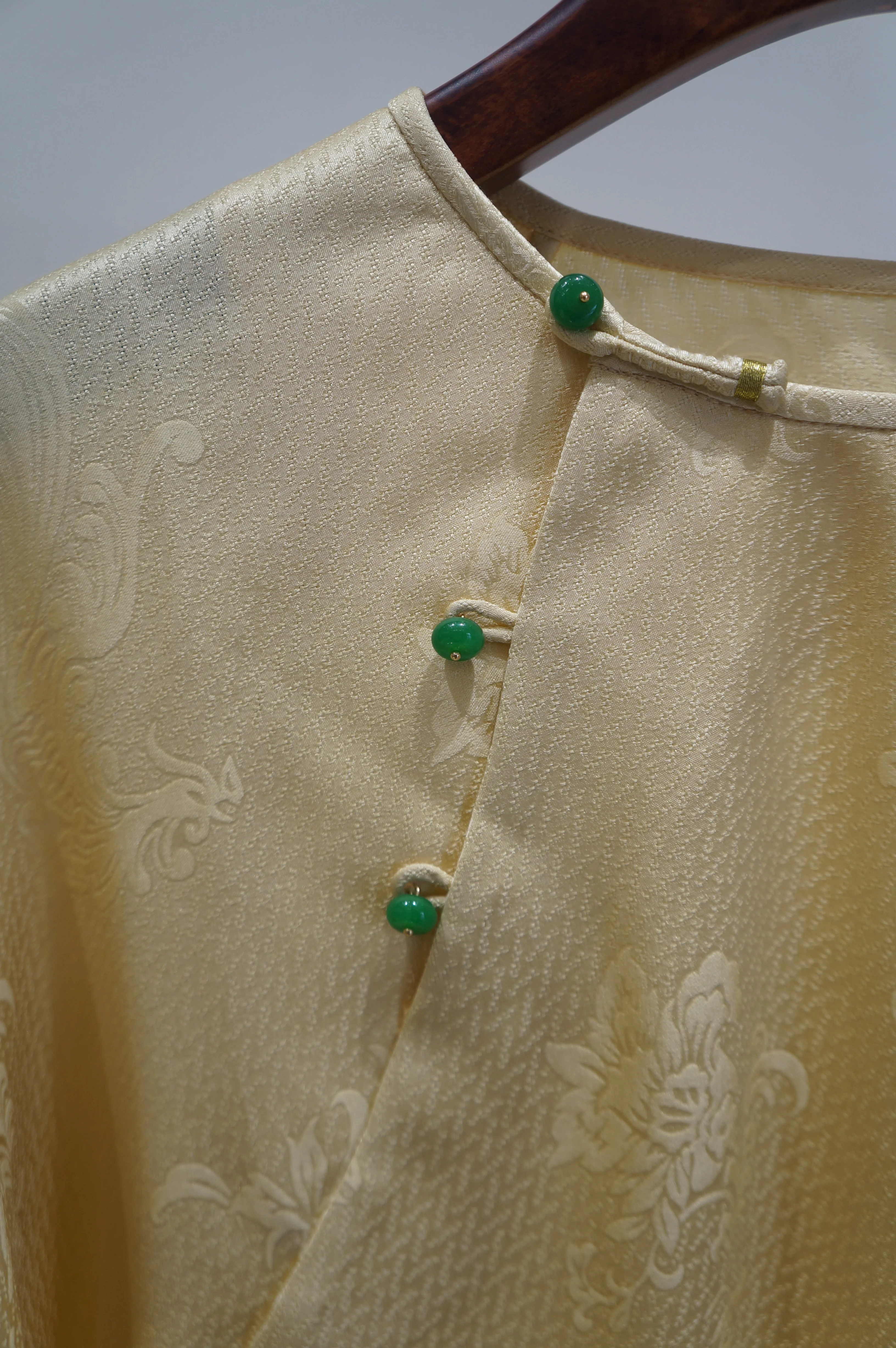 Beige Apricot Silk Phoenix Jacquard Oriental Blouse with Frog Buttons | 100% Mulberry Silk Top for Mamian Skirt Styling - Luxe Orienta CO., LIMITED