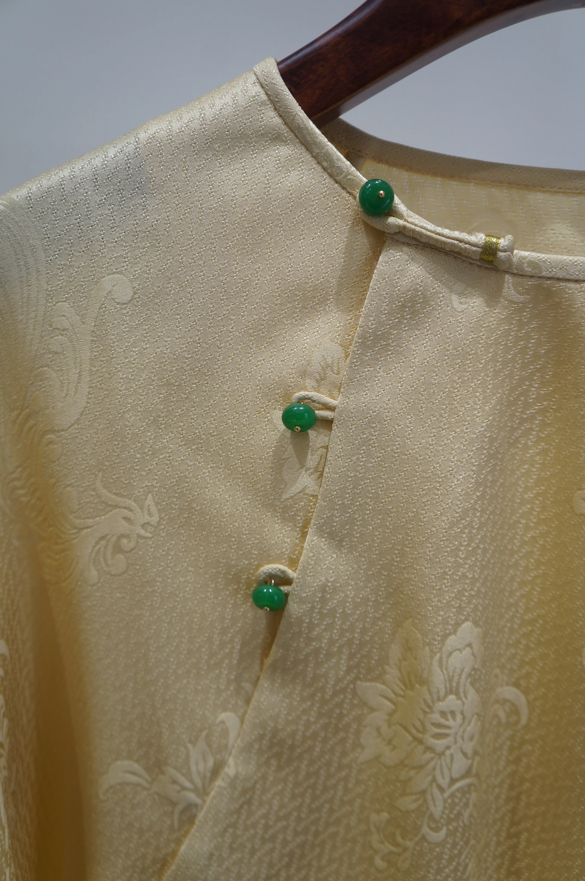 Beige Apricot Silk Phoenix Jacquard Oriental Blouse with Frog Buttons | 100% Mulberry Silk Top for Mamian Skirt Styling - Luxe Orienta CO., LIMITED