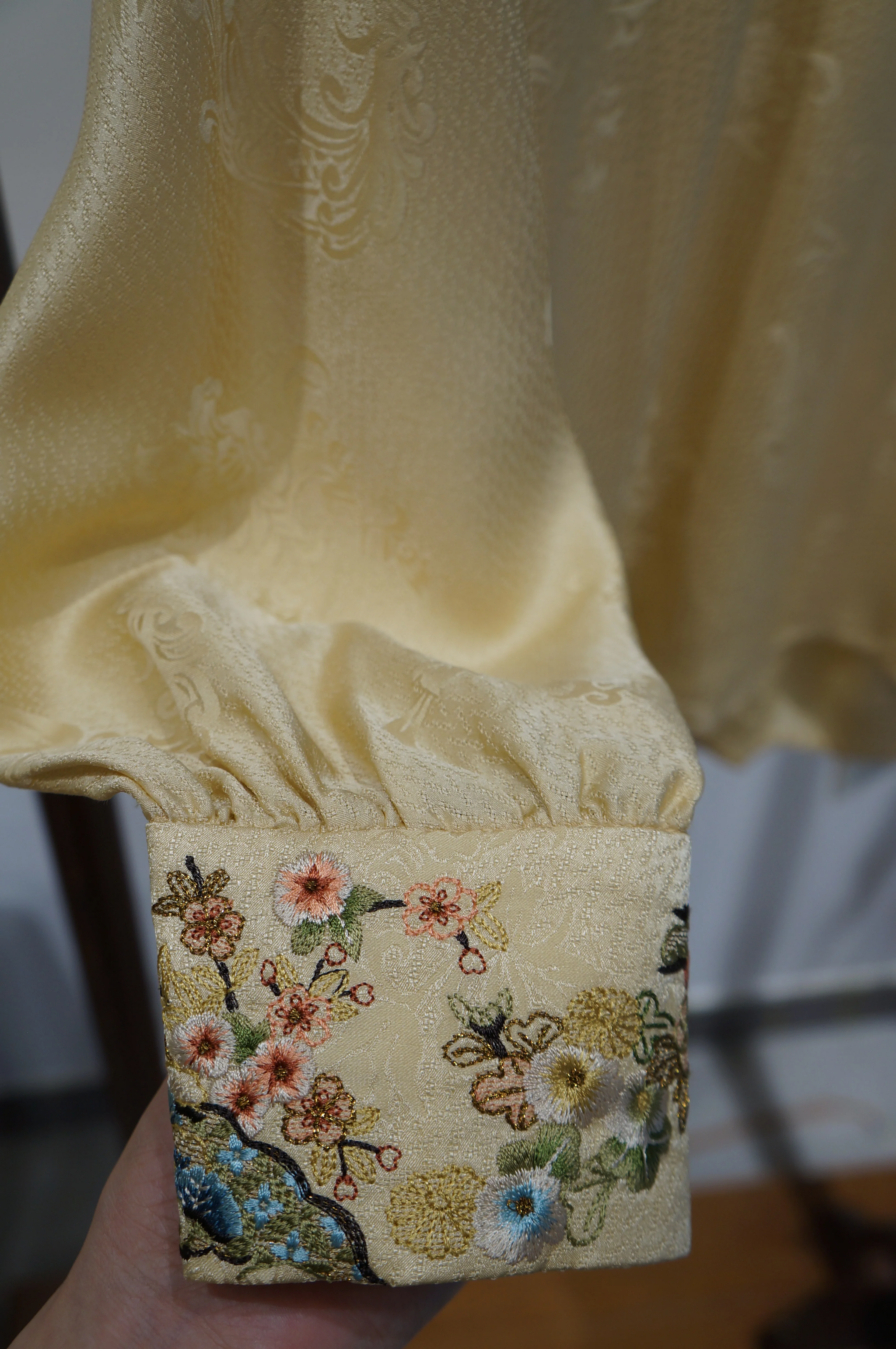 Beige Apricot Silk Phoenix Jacquard Oriental Blouse with Frog Buttons | 100% Mulberry Silk Top for Mamian Skirt Styling - Luxe Orienta CO., LIMITED