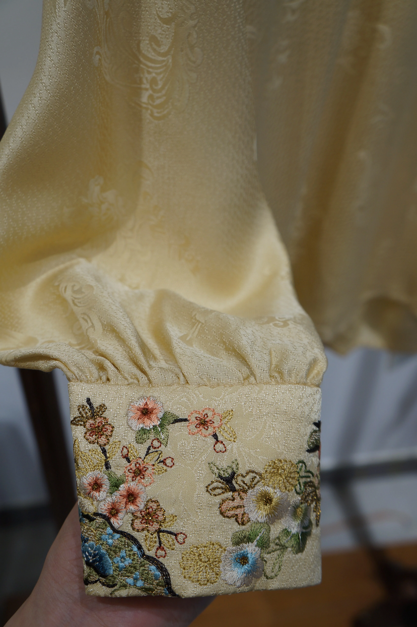 Beige Apricot Silk Phoenix Jacquard Oriental Blouse with Frog Buttons | 100% Mulberry Silk Top for Mamian Skirt Styling - Luxe Orienta CO., LIMITED