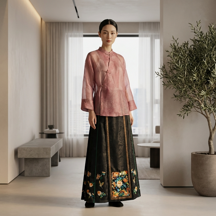 Luxury Ink Black Floral Jacquard Mulberry Silk Xiangyunsha Skirt -New Chinese Style Mamian Qun Dress - Luxe Orienta CO., LIMITED