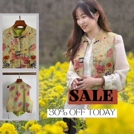 Mustard/Pink Embroidered Chinese Vest – Peony Rayon Waistcoat with Frog Buttons & Mandarin Collar | Luxe Orienta