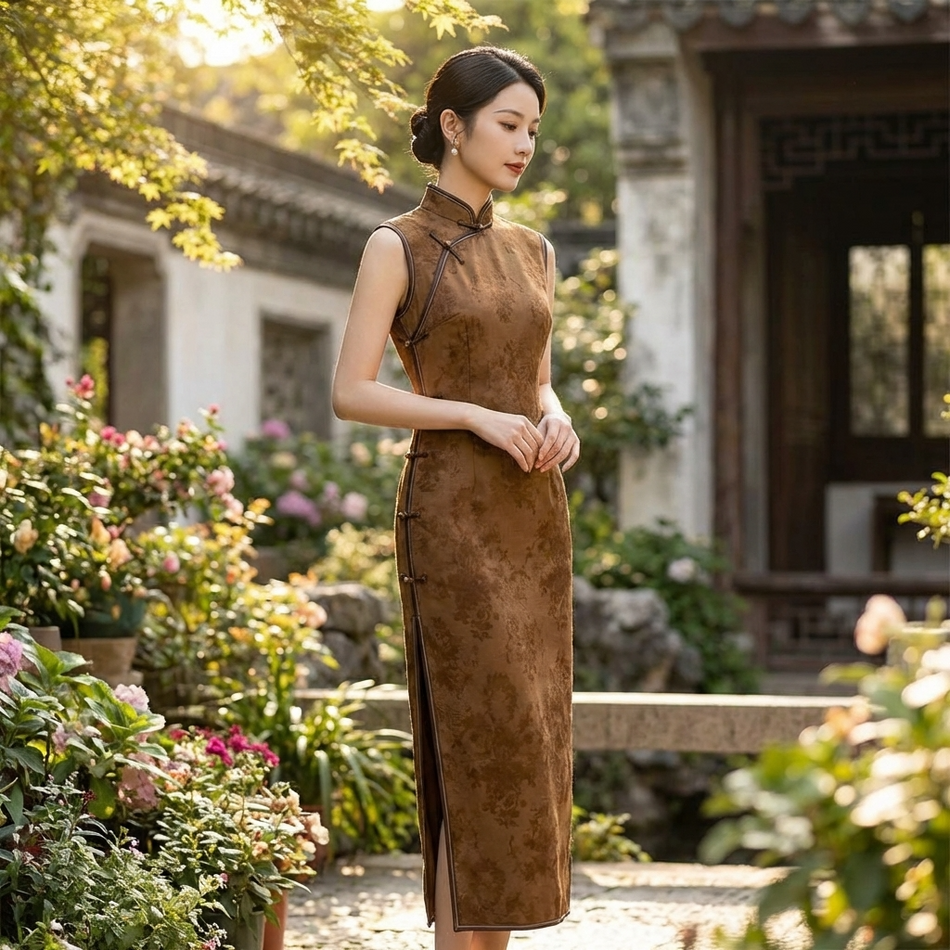 Vintage Brown Xiangyunsha Sleeveless Qipao Dress | LUXE ORIENTA Luxury Cheongsam - Luxe Orienta CO., LIMITED