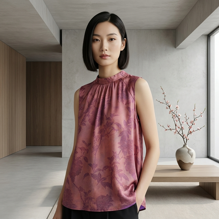 Muted Pink Floral Jacquard Sleeveless Blouse  | Luxe Orienta Modern Chinese Fashion - Luxe Orienta CO., LIMITED