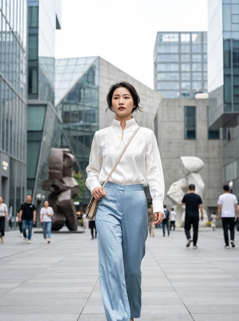 White Bamboo Jacquard Rayon Blouse with Pearl Button | Modern Chinese Stand Collar Shirt - Luxe Orienta CO., LIMITED