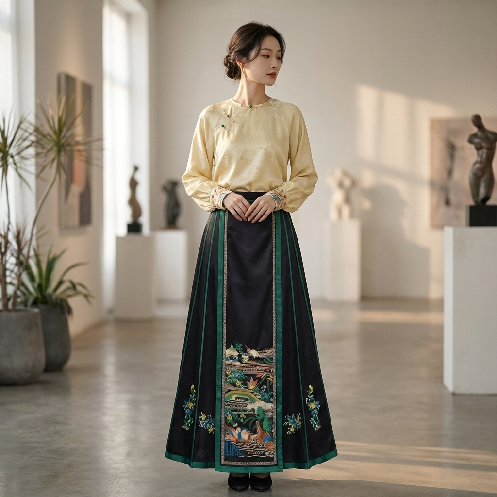 Black Hand Embroidery Floral &Pavilion Xiangyunsha Silk Ma Mian Qun | Luxury Mulberry Silk Mamian Skirt - Luxe Orienta CO., LIMITED