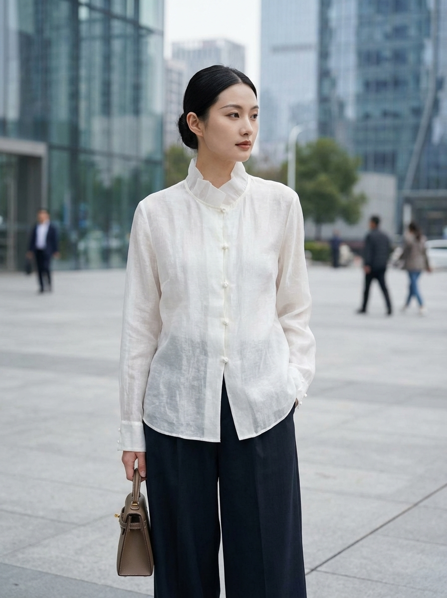 White Cloud Texture Double-Layer Blouse with Ruffle Stand Collar | Modern Chinese Style Shirt - Luxe Orienta CO., LIMITED