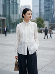 White Cloud Texture Double-Layer Blouse with Ruffle Stand Collar | Modern Chinese Style Shirt - Luxe Orienta CO., LIMITED