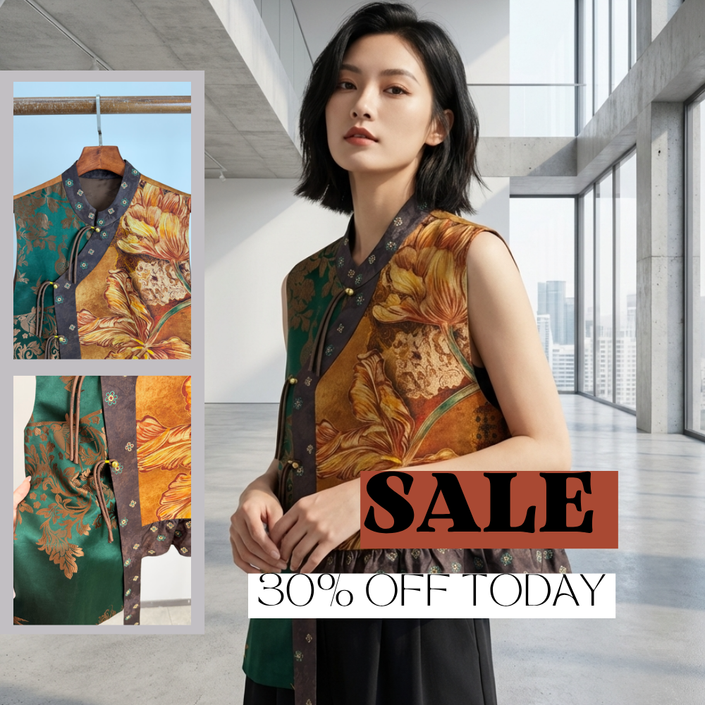 Xiangyunsha-Seide Mischgewebe Patchwork Orientalischer Pfauen-Waistcoat mit Blätter-Saum | LUXE ORIENTA