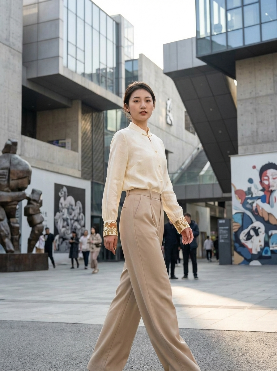 Jacquard Stand Collar Rayon Blouse with Embroidered Cuffs | Modern Chinese Style Shirt - Luxe Orienta CO., LIMITED