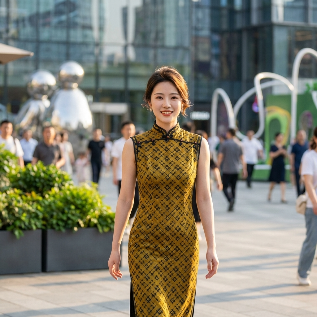 100% Mulberry Silk Xiangyunsha Mustard Black Check Sleeveless Qipao Dress | LUXE ORIENTA - Luxe Orienta CO., LIMITED