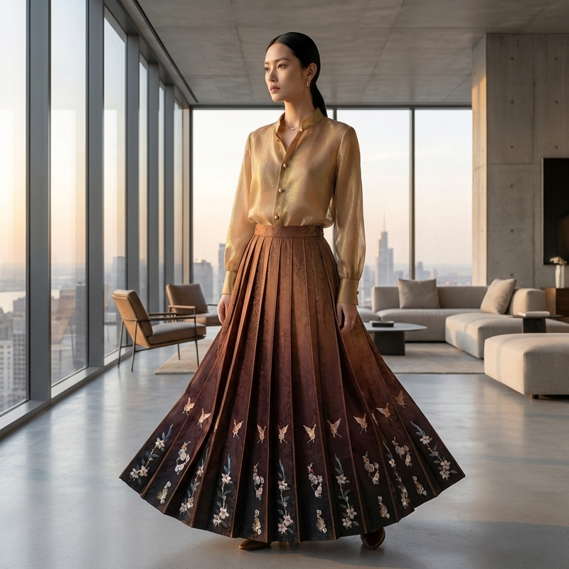 Gradient Crane Embroidery Xiangyunsha Mamianqun | 100% Mulberry Silk Horse-Face Skirt - Luxe Orienta CO., LIMITED