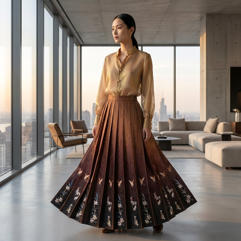 Gradient Crane Embroidery Xiangyunsha Mamianqun | 100% Mulberry Silk Horse-Face Skirt - Luxe Orienta CO., LIMITED