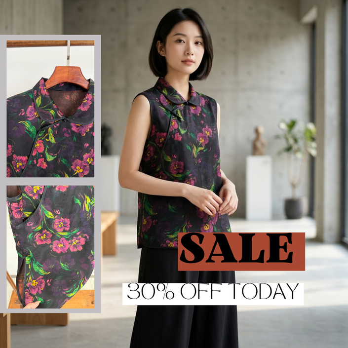 Purple Floral Printing Mulberry Silk Xiangyunsha Lapel Vest -Luxe Orienta
