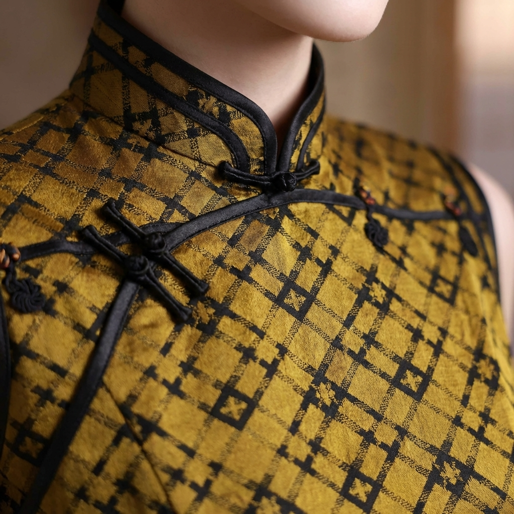 100% Mulberry Silk Xiangyunsha Mustard Black Check Sleeveless Qipao Dress | LUXE ORIENTA - Luxe Orienta CO., LIMITED