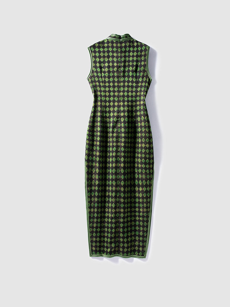 Green Xiangyunsha Mulberry Silk Qipao | Diamond Pattern Modern Cheongsam Dress - Luxe Orienta CO., LIMITED
