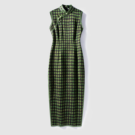 Green Xiangyunsha Mulberry Silk Qipao | Diamond Pattern Modern Cheongsam Dress - Luxe Orienta CO., LIMITED
