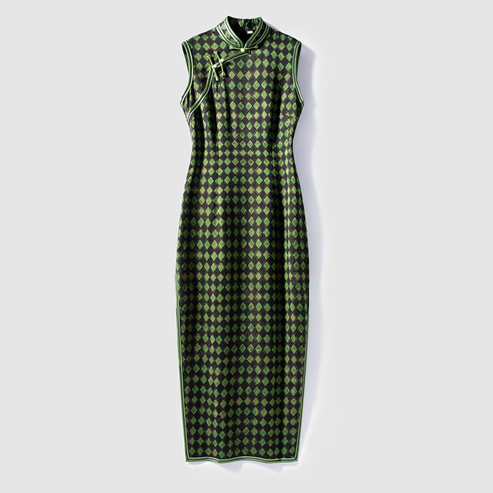 Green Xiangyunsha Mulberry Silk Qipao | Diamond Pattern Modern Cheongsam Dress - Luxe Orienta CO., LIMITED