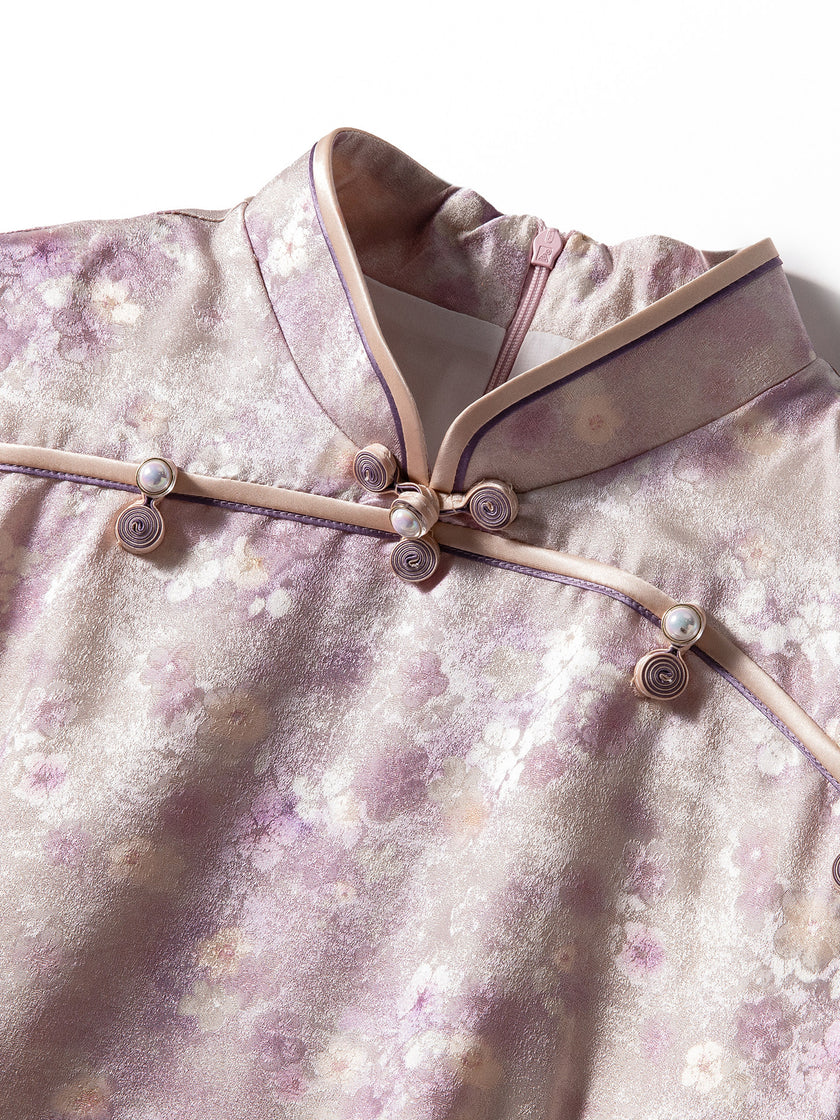 Pink Purple Floral Xiangyunsha Qipao |100% Mulberry Silk  Elegant Chinese Cheongsam Dress - Luxe Orienta CO., LIMITED