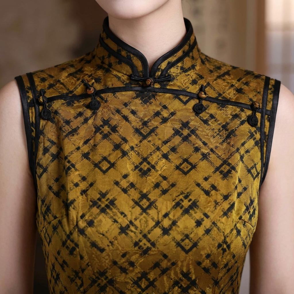 100% Mulberry Silk Xiangyunsha Mustard Black Check Sleeveless Qipao Dress | LUXE ORIENTA - Luxe Orienta CO., LIMITED