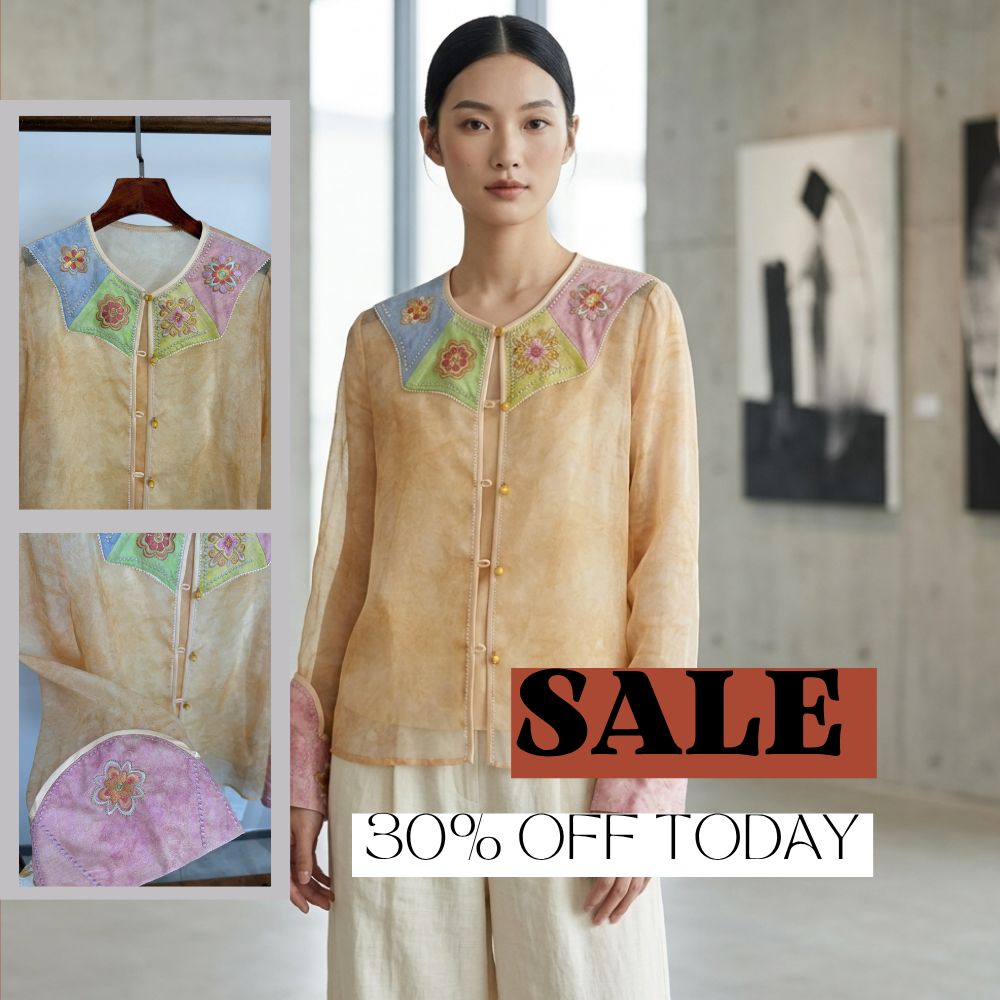 Beige Soft Floral Embroidery Mulberry Silk Shirt — LUXE ORIENTA Luxury Clothing For Women
