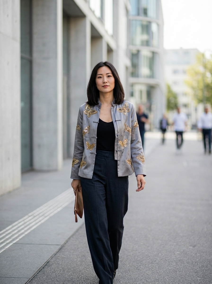 Grey Butterfly Beaded Mulberry Silk Jacket | Modern Chinese Embroidered Luxury - Luxe Orienta CO., LIMITED