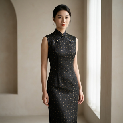 Black Gold Jacquard Xiangyunsha Qipao | Elegant Mulberry Silk Chinese Cheongsam Dress - Luxe Orienta CO., LIMITED